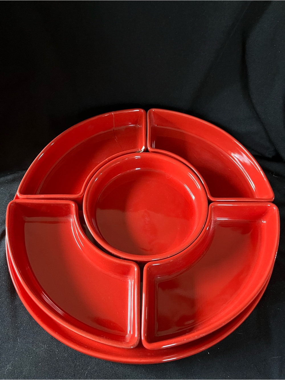 Red Ceramic 5-Piece Serving Platter with Center Bowl
